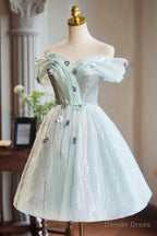 Lovely Tulle Knee Length Green Prom Dress, Off the Shoulder A Line Prom Dresses