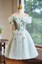 Lovely Tulle Knee Length Green Party Dress, Off the Shoulder A-Line Evening Dress