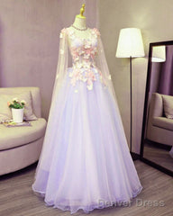 Lovely Tulle Lavender Long Formal Dress With Lace Applique, Sweet 16 Dresses