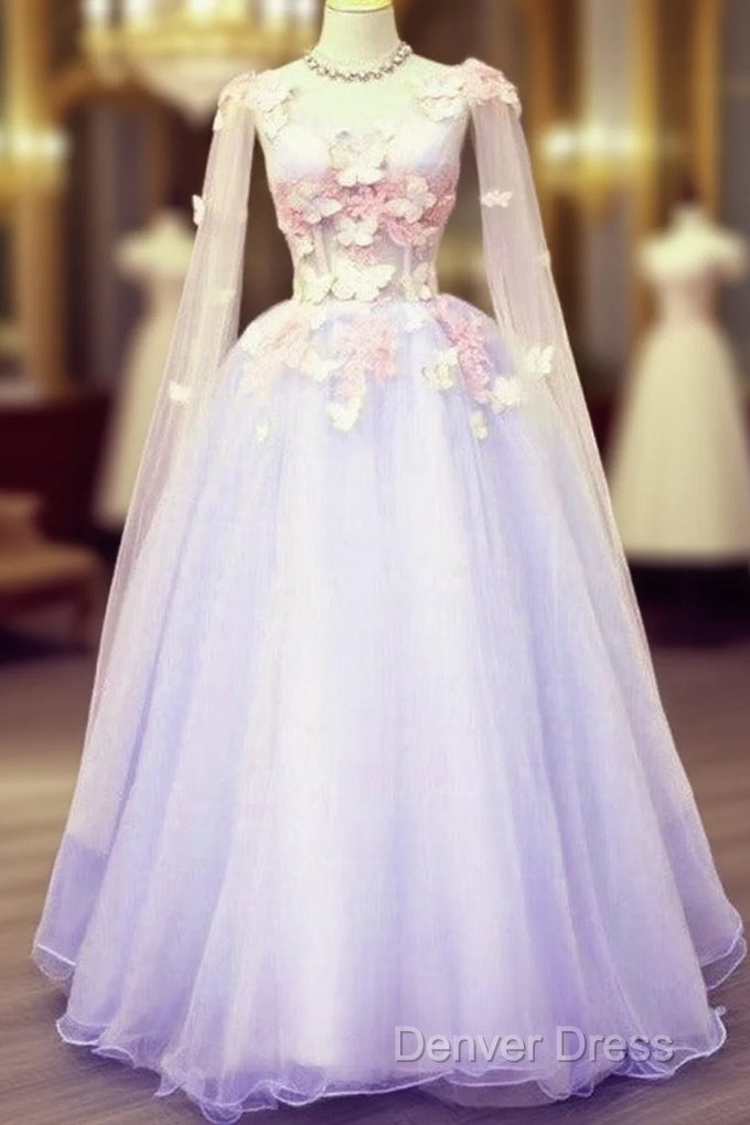 Lovely Tulle Lavender Long Prom Dress With Lace Applique, Sweet 16 Dresses Main image