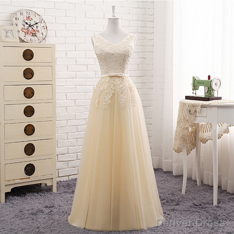 Lovely Tulle Light Champagne Bridesmaid Dress, Long Prom Dresses