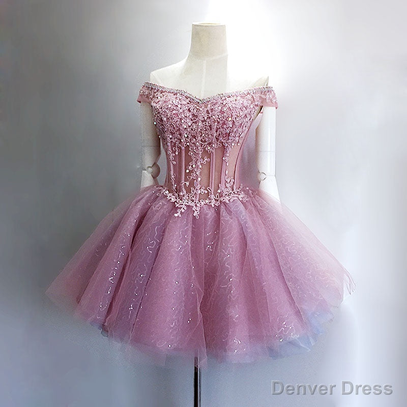 Lovely Tulle Light Pink Purple Mini Prom Dress, Lovely Off Shoulder Lace up Homecoming Dresses Main image
