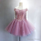 Lovely Tulle Light Pink Purple Mini Prom Dress, Lovely Off Shoulder Lace up Homecoming Dresses