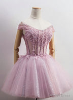 Lovely Tulle Light Pink Purple Mini Prom Dress, Lovely Off Shoulder Lace up Homecoming Dresses