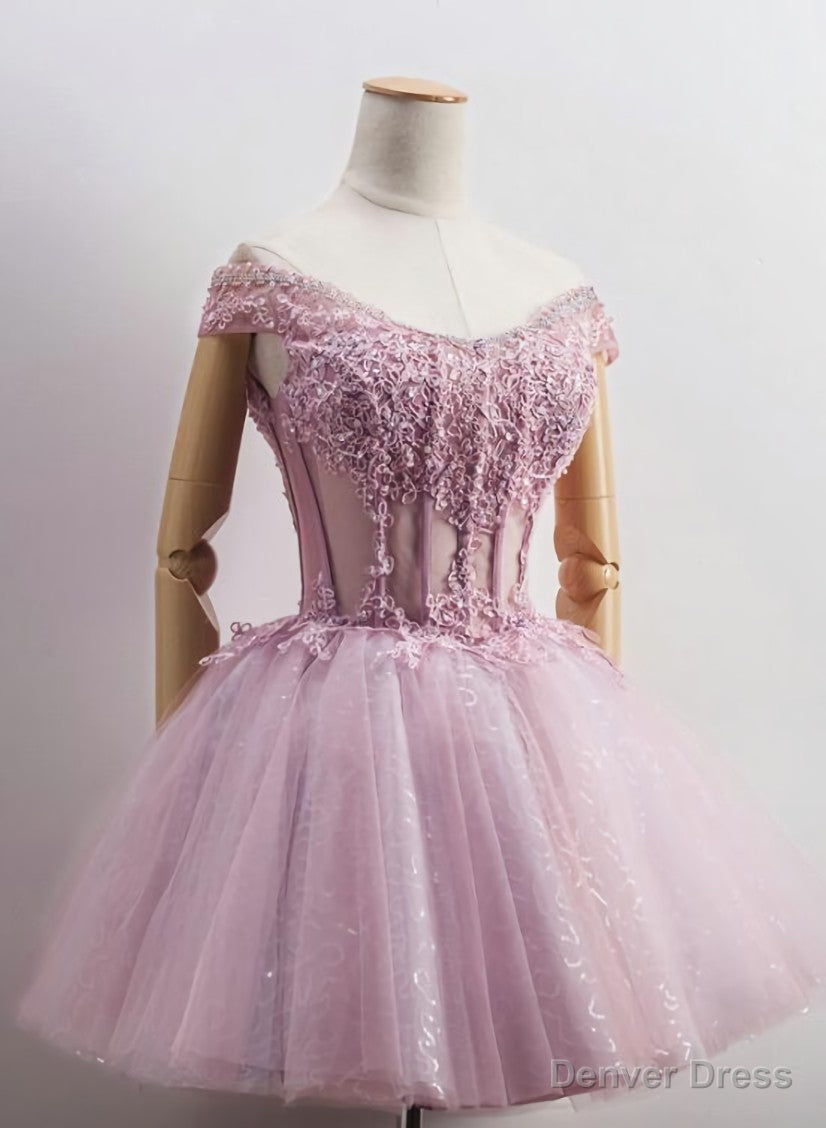 Lovely Tulle Light Pink Purple Mini Prom Dress, Lovely Off Shoulder Lace up Homecoming Dresses