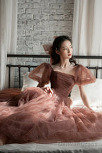 Lovely Tulle Puffy Sleeves Homecoming Dress Graduation Dress, A-Line Prom Dresses
