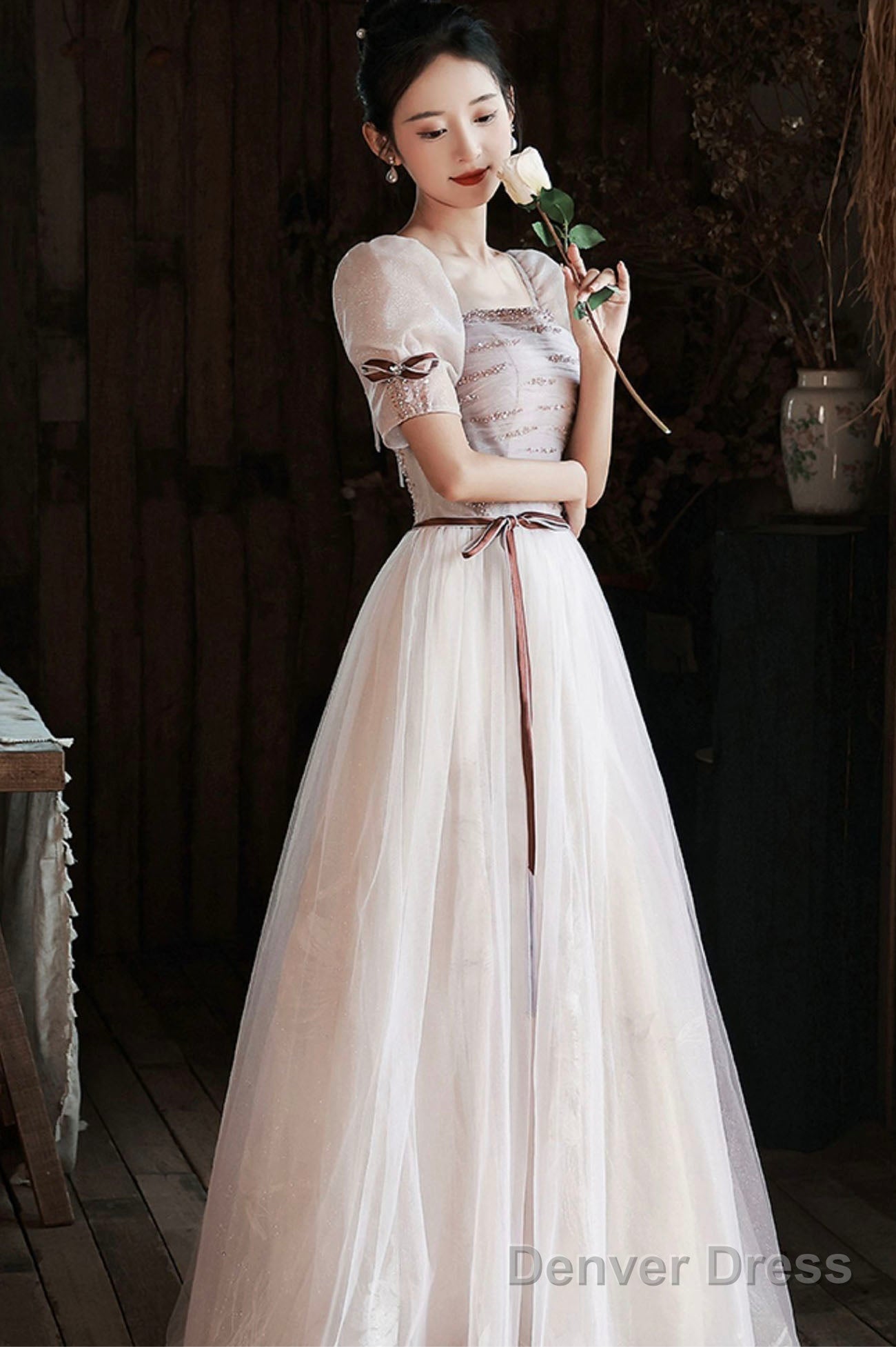 Lovely Tulle Sequins Long Prom Dress, A-Line Short Sleeve Evening Dress