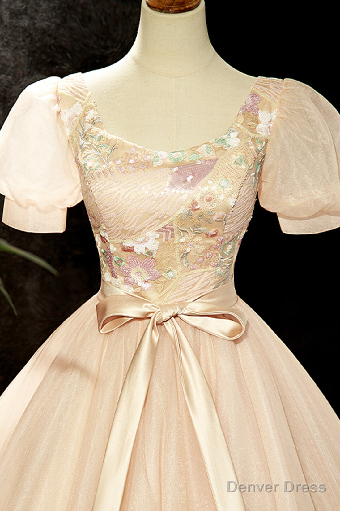 Lovely Tulle Sequins Long Prom Dress, A Line Short Sleeve Prom Dresses