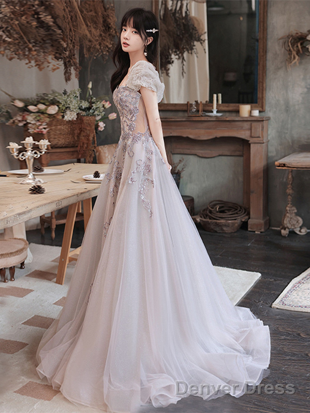 Lovely Tulle Short Sleeves Long A-Line Party Dress, Tulle Evening Dress Prom Dress