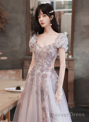 Lovely Tulle Short Sleeves Long A-Line Party Dress, Tulle Evening Dress Prom Dress