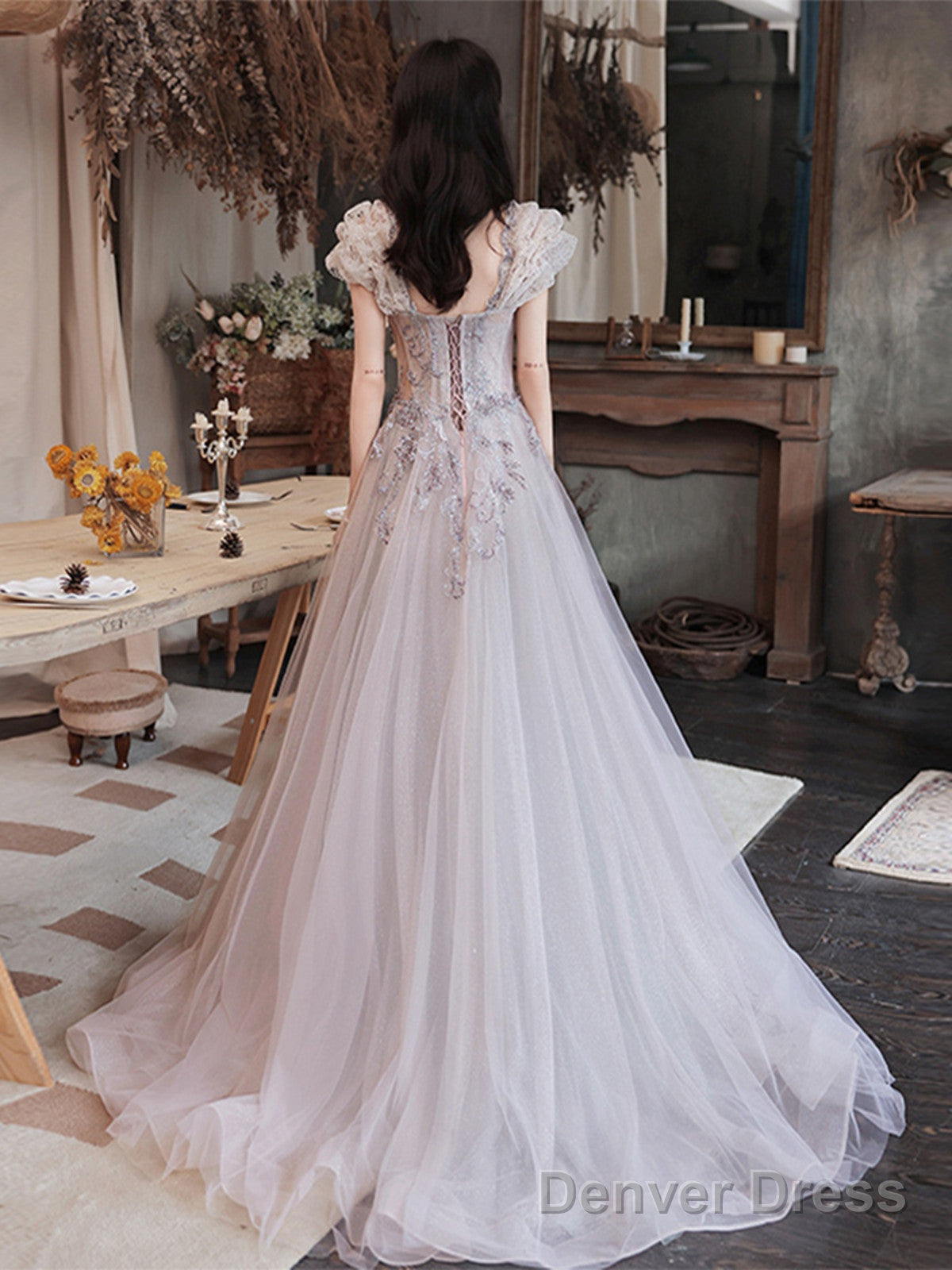 Lovely Tulle Short Sleeves Long A-Line Party Dress, Tulle Evening Dress Prom Dress