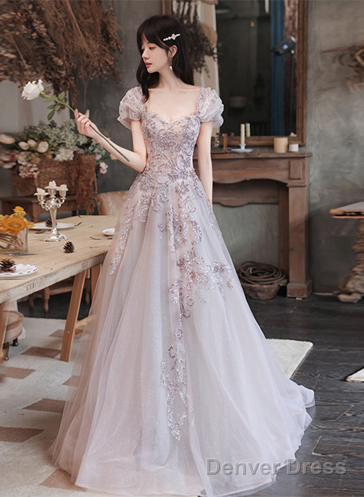 Lovely Tulle Short Sleeves Long A-Line Party Dress, Tulle Evening Dress Prom Dress