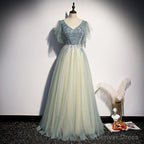 Lovely Tulle with Beaded V-neckline Long Party Dress, A-line Prom Dress Evening Dress