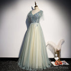 Lovely Tulle with Beaded V Neckline Long Prom Dress, A Line Prom Dress