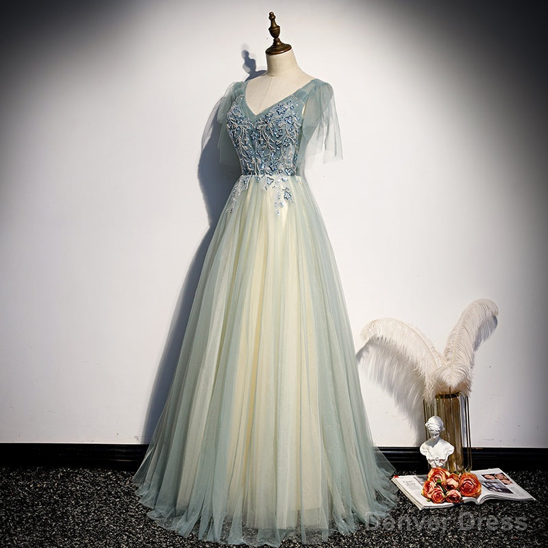 Lovely Tulle with Beaded V Neckline Long Prom Dress, A Line Prom Dress