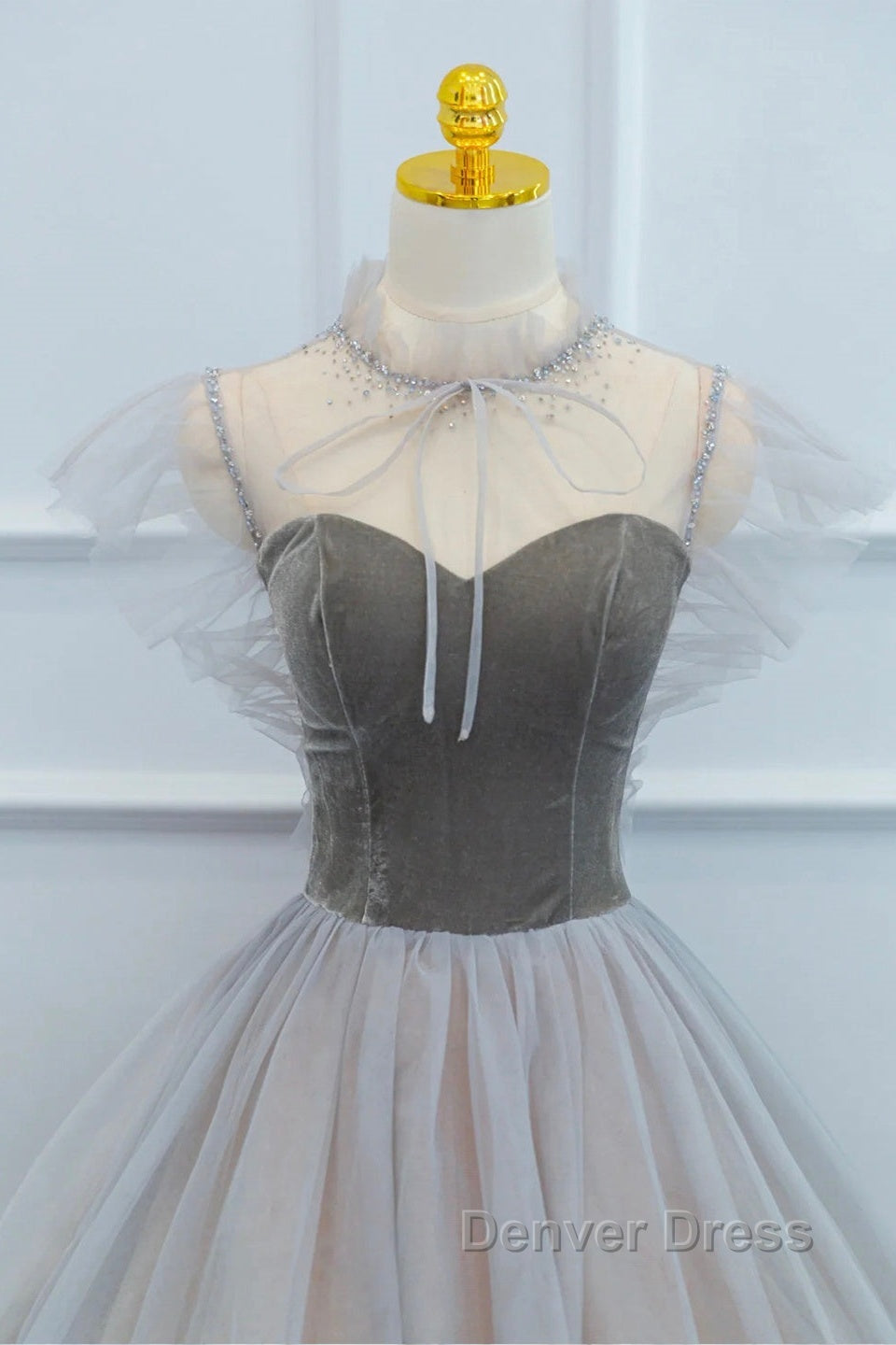 Lovely Velvet And Tulle Floor Length Prom Dresses, Gray A-Line Formal Evening Dresses Secondary image