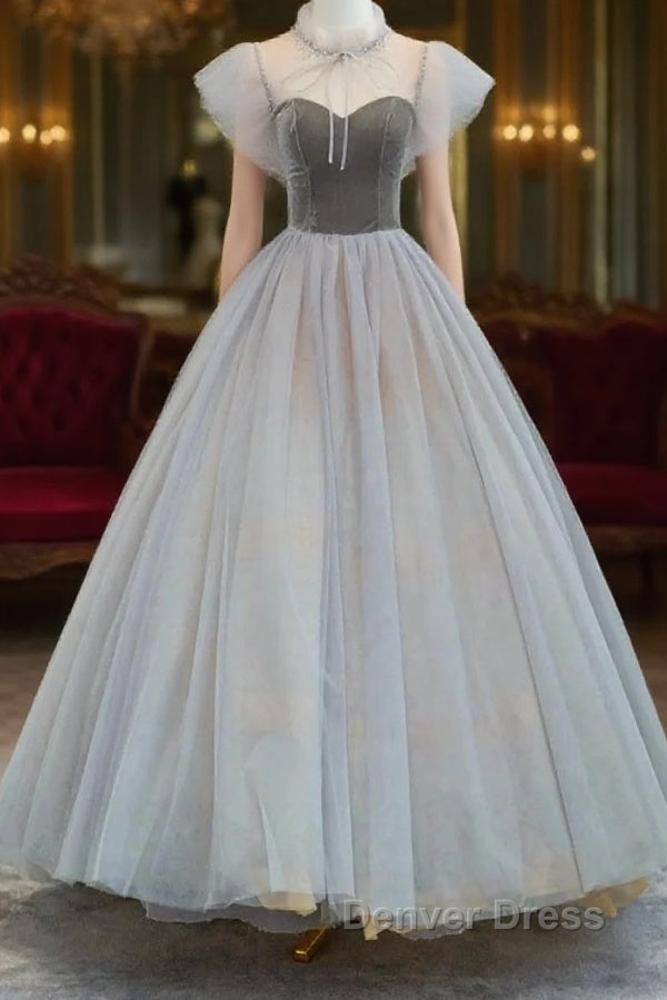 Lovely Velvet And Tulle Floor Length Prom Dresses, Gray A-Line Formal Evening Dresses Main image