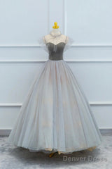Lovely Velvet And Tulle Floor Length Prom Dress, Gray A-Line Formal Evening Dress