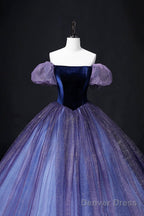 Lovely Velvet Tulle Long Prom Dress, Purple Off The Shoulder Evening Party Gown