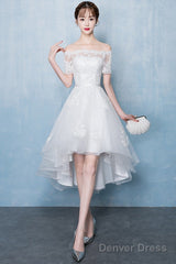 Lovely White High Low Tulle Graduation Dress, Off The Shoulder Party Dress