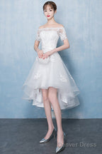 Lovely White High Low Tulle Graduation Dress, Off The Shoulder Prom Dresses