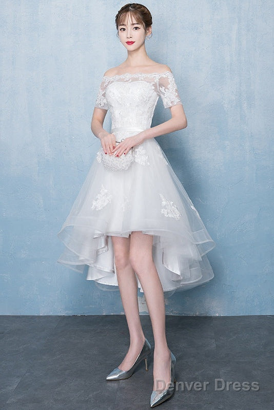 Lovely White High Low Tulle Graduation Dress, Off The Shoulder Prom Dresses