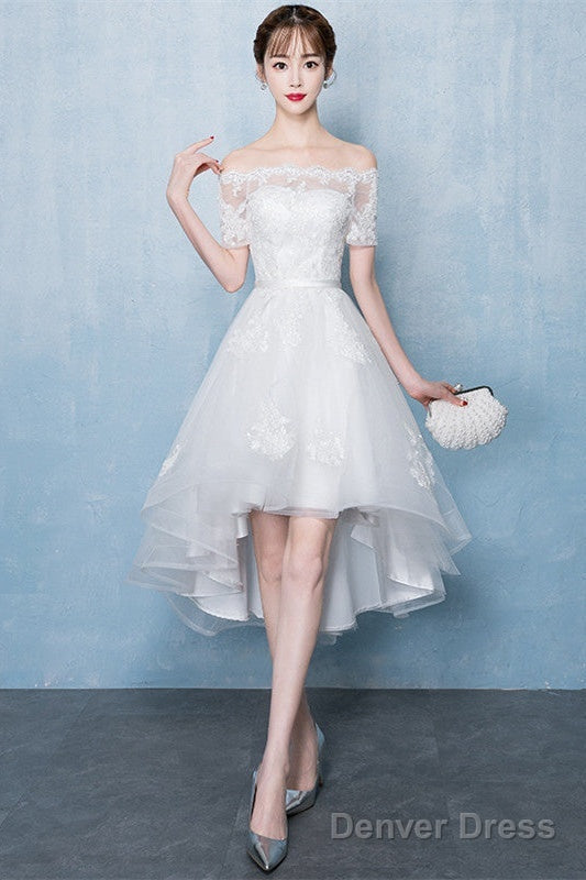 Lovely White High Low Tulle Graduation Dress, Off The Shoulder Party Dress