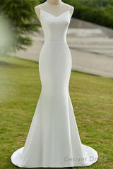 Lovely White Mermaid Straps Long Wedding Party Dress, White Long Formal Dress