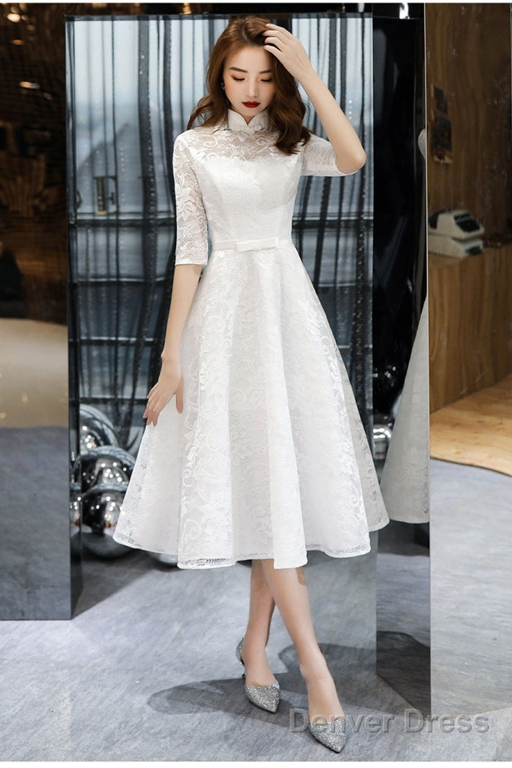 Lovely White Tea Length Lace Simple Short Sleeves Party Dress, White Lace Wedding Party Dress Graduation Dress