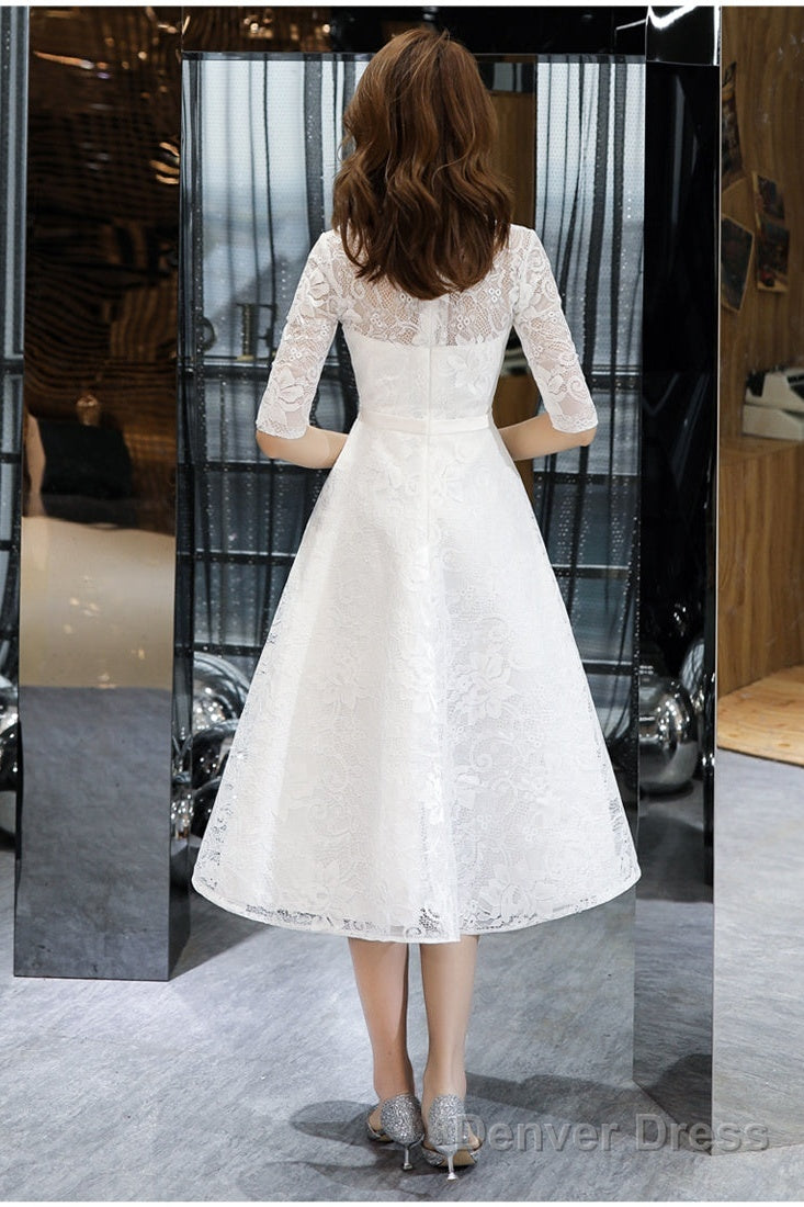 Lovely White Tea Length Lace Simple Short Sleeves Prom Dress, White Lace Wedding Prom Dress Graduation Dresses