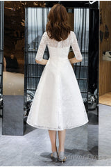 Lovely White Tea Length Lace Simple Short Sleeves Party Dress, White Lace Wedding Party Dress Graduation Dress