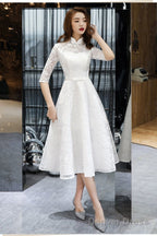 Lovely White Tea Length Lace Simple Short Sleeves Prom Dress, White Lace Wedding Prom Dress Graduation Dresses