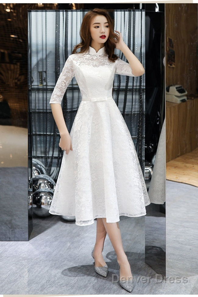 Lovely White Tea Length Lace Simple Short Sleeves Prom Dress, White Lace Wedding Prom Dress Graduation Dresses