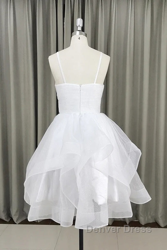 Lovely White Tulle V-Neck Short Party Dresses,Homecoming Dresses