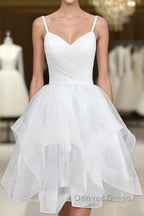Lovely White Tulle V-Neck Short Party Dresses,Homecoming Dresses
