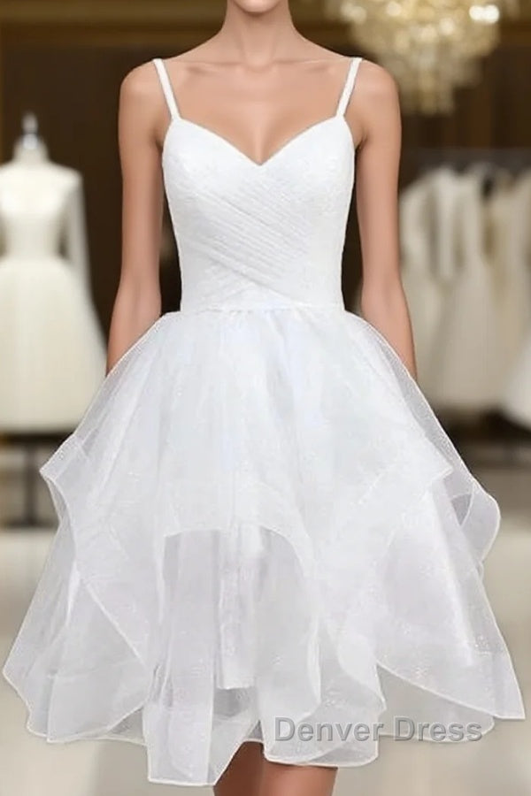 Lovely White Tulle V-Neck Short Party Dresses,Homecoming Dresses
