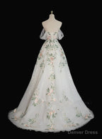 Lovely White Tulle with Floral Lace Off Shoulder Prom Dress, White Tulle Prom Dresses