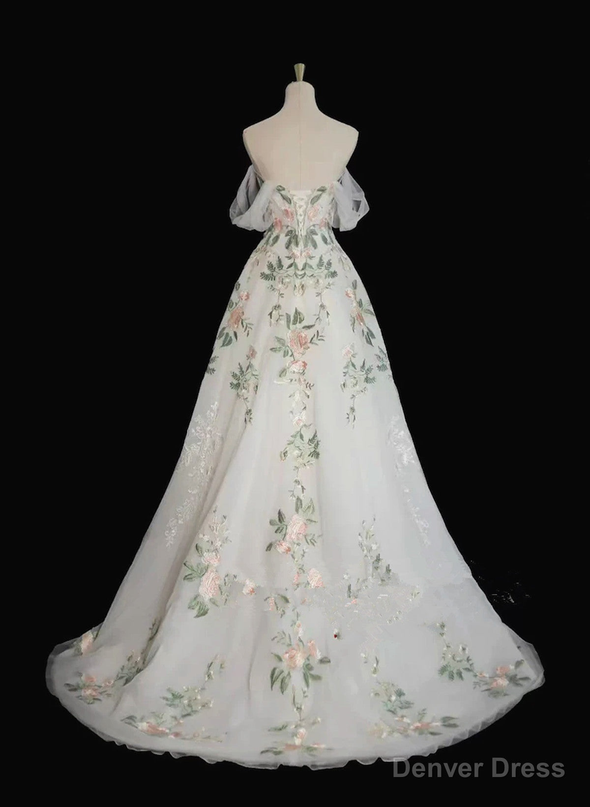 Lovely White Tulle with Floral Lace Off Shoulder Prom Dress, White Tulle Prom Dresses
