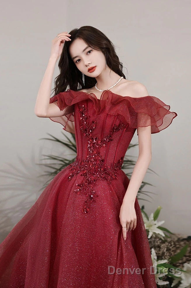 Lovely Wine Red Off Shoulder Tulle With Beadings Party Dress, Wine Red Long Prom Dress Secondary image