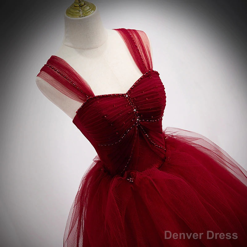 Lovely Wine Red Princess Tulle Beaded Long Prom Dresses, Dark Red Prom Gowns