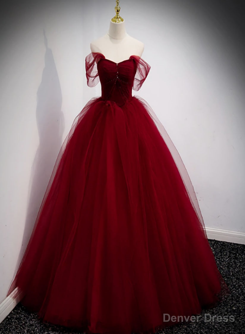 Lovely Wine Red Princess Tulle Beaded Long Prom Dresses, Dark Red Prom Gowns Main image