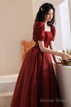 Lovely Wine Red Short Sleeves Organza Party Dress, A-Line Wine Red Prom Dress