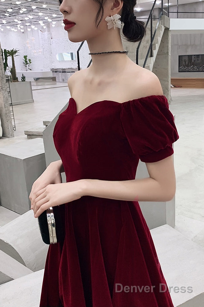 Lovely Wine Red Short Sleeves Velvet Homecoming Dress, Burgundy Prom Dress