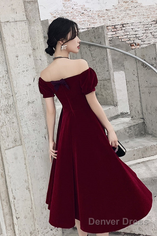 Lovely Wine Red Short Sleeves Velvet Homecoming Dress, Burgundy Prom Dress