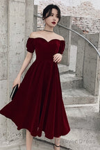Lovely Wine Red Short Sleeves Velvet Homecoming Dress, Burgundy Prom Dress