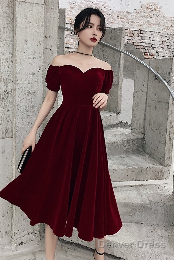 Lovely Wine Red Short Sleeves Velvet Homecoming Dress, Burgundy Prom Dress