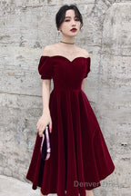 Lovely Wine Red Short Sleeves Velvet Homecoming Dress, Burgundy Prom Dress