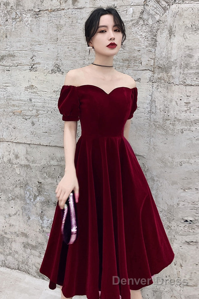 Lovely Wine Red Short Sleeves Velvet Homecoming Dress, Burgundy Prom Dress