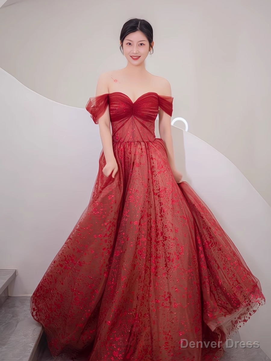 Lovely Wine Red Tulle Sweetheart Long Prom Dress, Off Shoulder Wine Red Prom Dresses Main image
