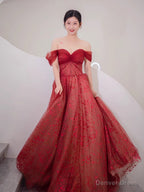 Lovely Wine Red Tulle Sweetheart Long Prom Dress, Off Shoulder Wine Red Prom Dresses